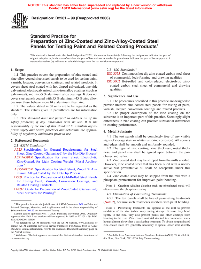 ASTM D2201-99(2006) - Standard Practice for Preparation of Zinc-Coated and Zinc-Alloy-Coated Steel Panels for Testing Paint and Related Coating Products