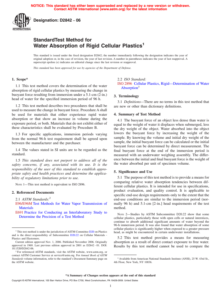 ASTM D2842-06 - Standard Test Method for Water Absorption of Rigid Cellular Plastics