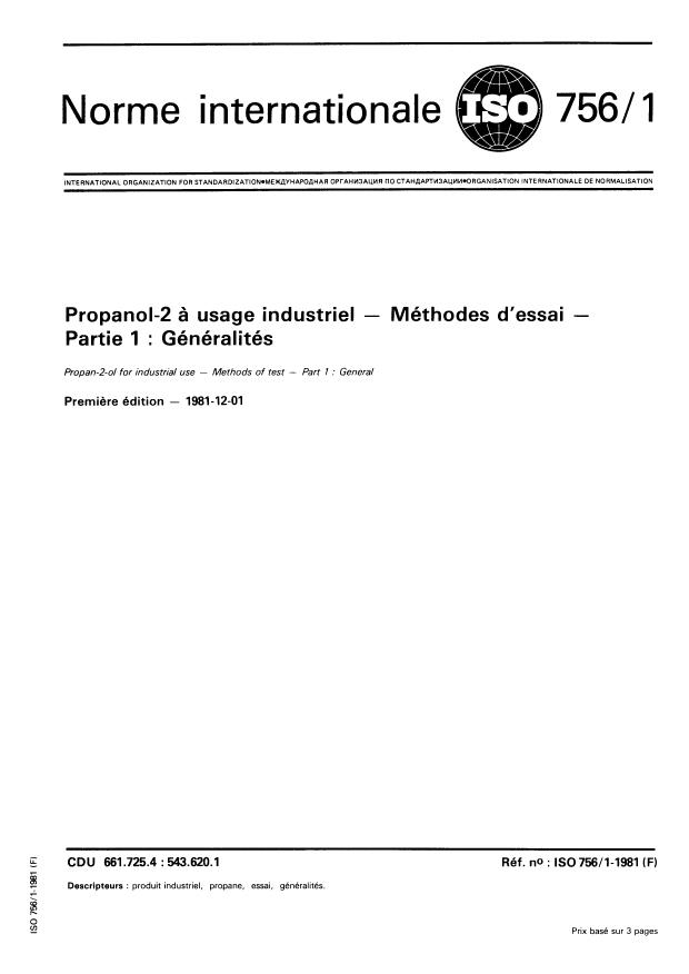 ISO 756-1:1981 - Propanol-2 a usage industriel -- Méthodes d'essai