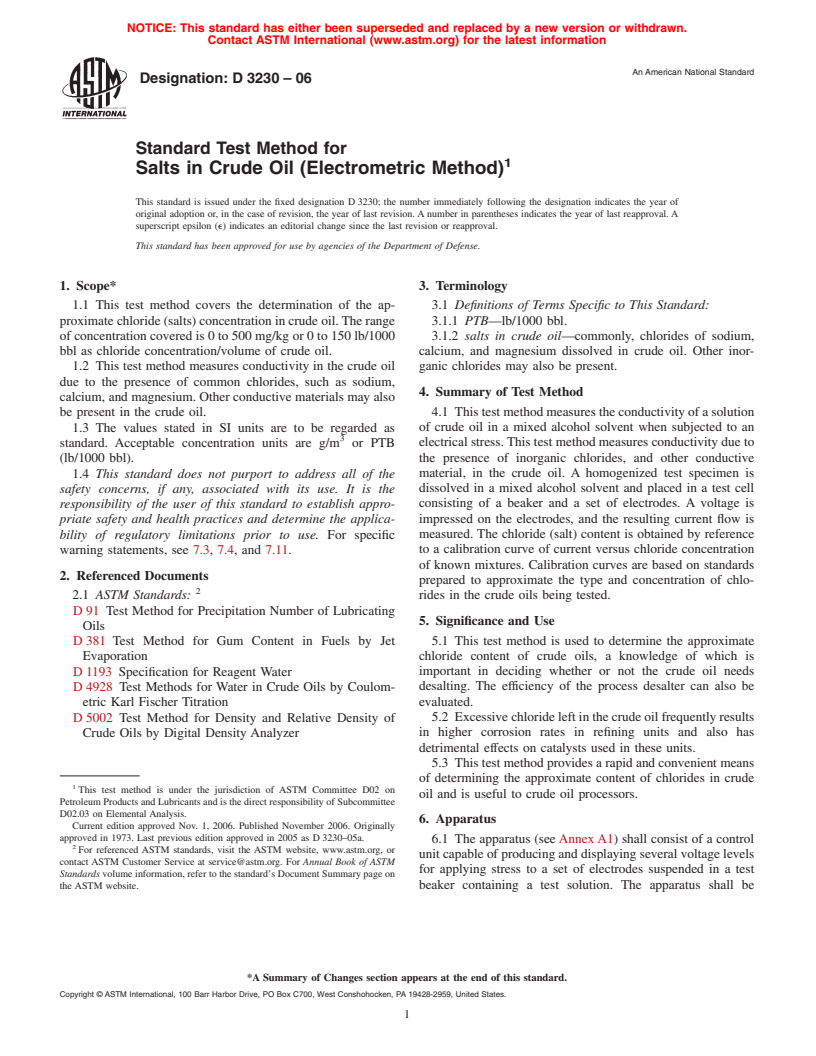 ASTM D3230-06 - Standard Test Method for Salts in Crude Oil (Electrometric Method)