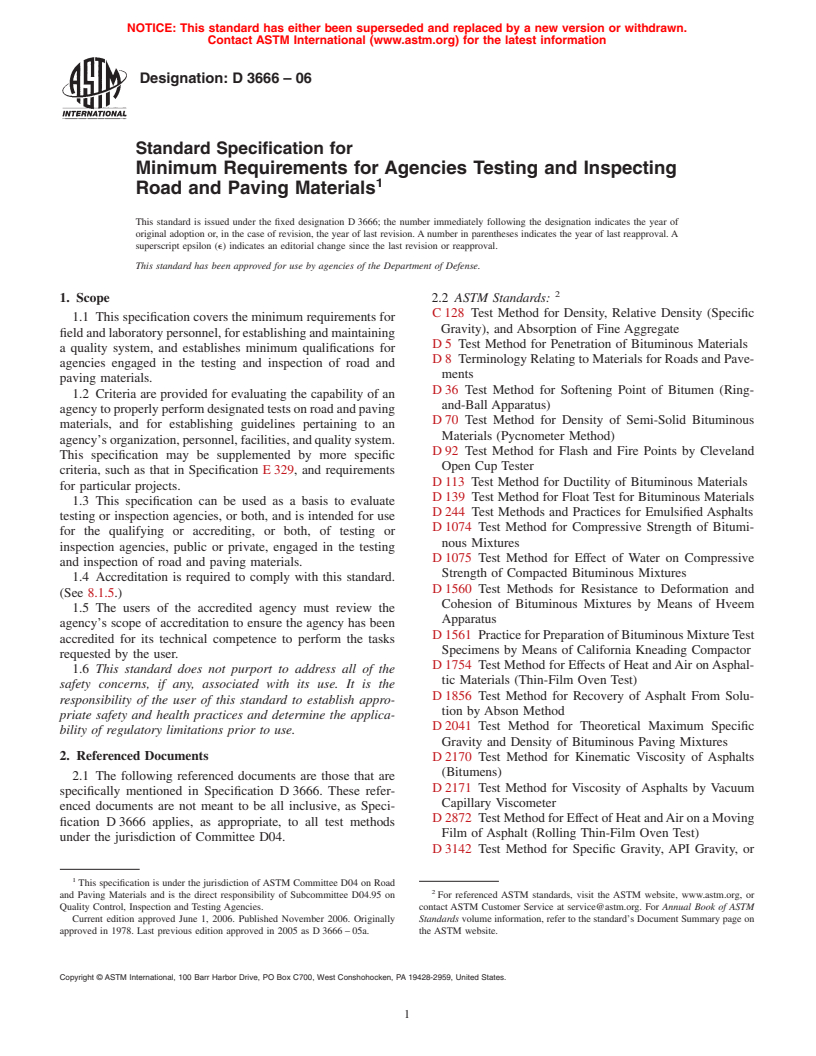 ASTM D3666-06 - Standard Specification for Minimum Requirements for Agencies Testing and Inspecting Road and Paving Materials