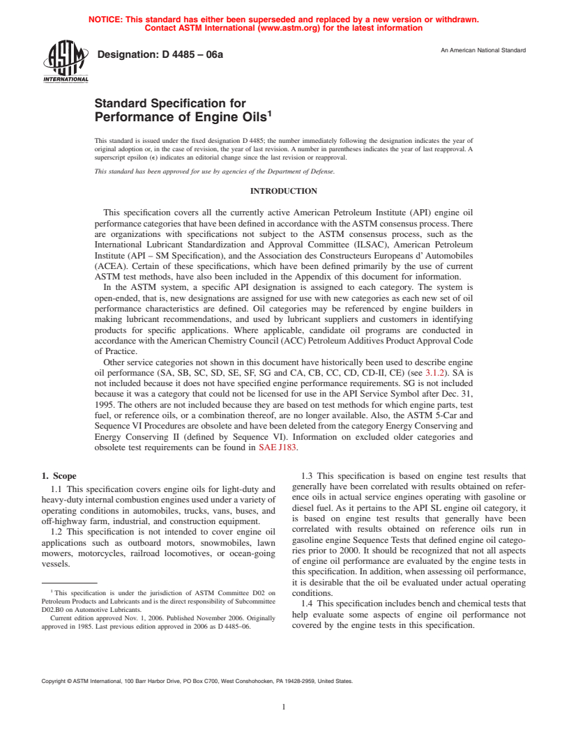 ASTM D4485-06a - Standard Specification for Performance of Engine Oils