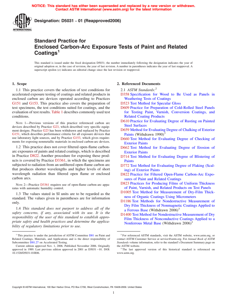 ASTM D5031-01(2006) - Standard Practice for Enclosed Carbon-Arc Exposure Tests of Paint and Related Coatings