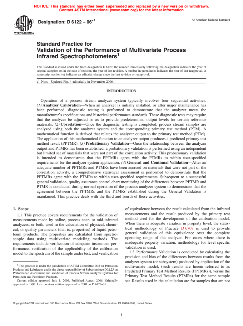 ASTM D6122-06e1 - Standard Practice for Validation of the Performance of Multivariate Process Infrared Spectrophotometers