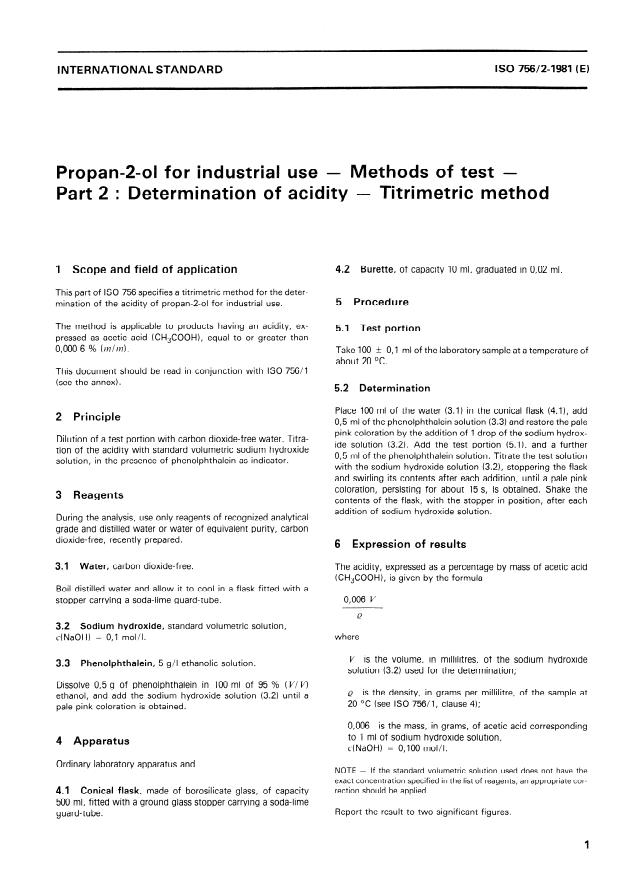 ISO 756-2:1981 - Propan-2-ol for industrial use -- Methods of test