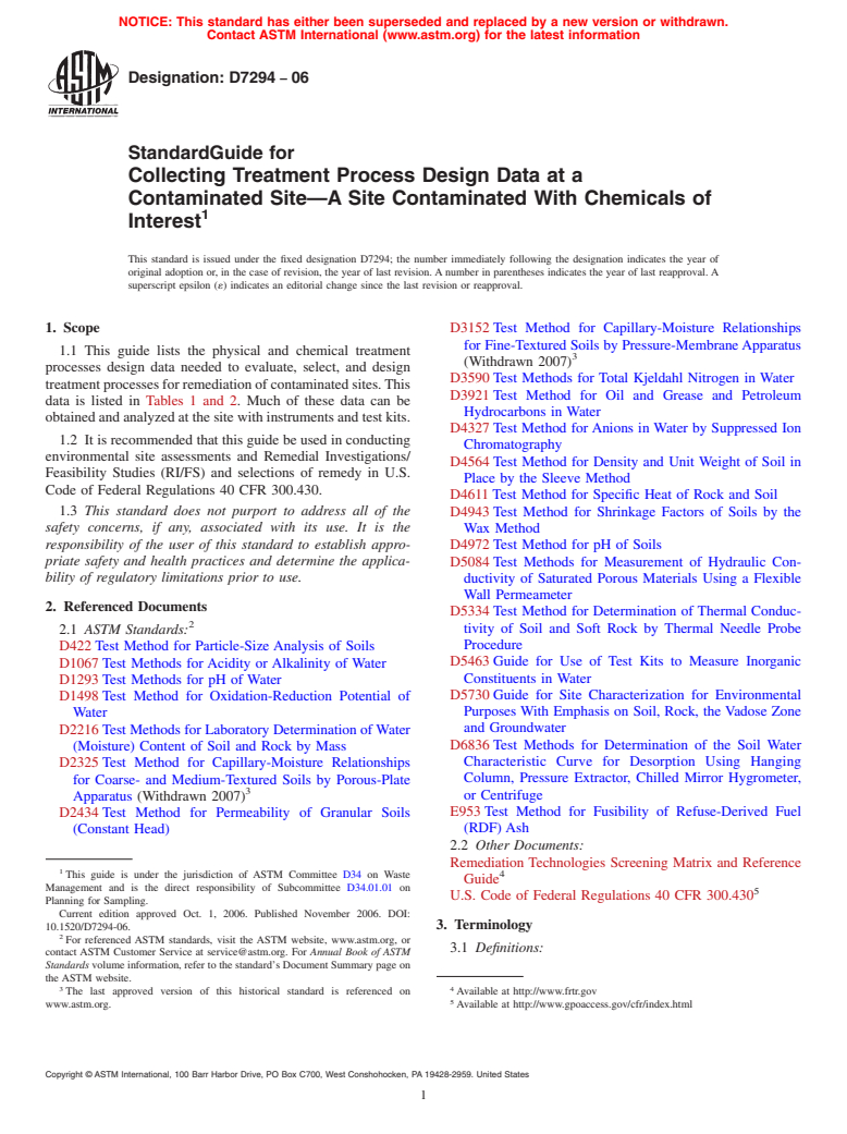 ASTM D7294-06 - Standard Guide for Collecting Treatment Process Design Data at a Contaminated Site-A Site Contaminated With Chemicals of Interest