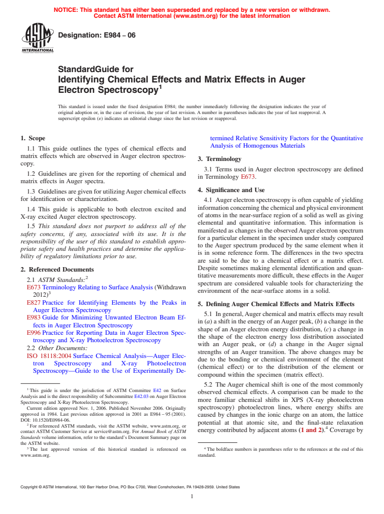 ASTM E984-06 - Standard Guide for Identifying Chemical Effects and Matrix Effects in Auger Electron Spectroscopy