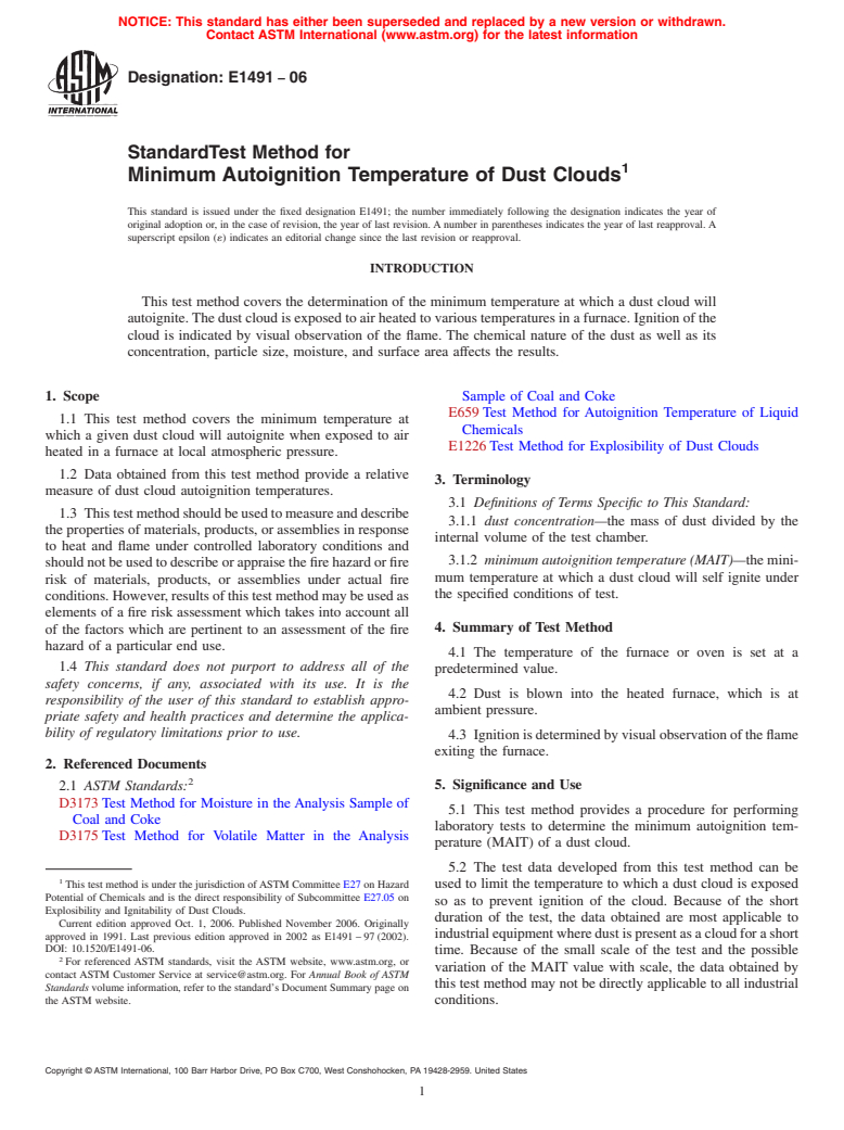 ASTM E1491-06 - Standard Test Method for Minimum Autoignition Temperature of Dust Clouds