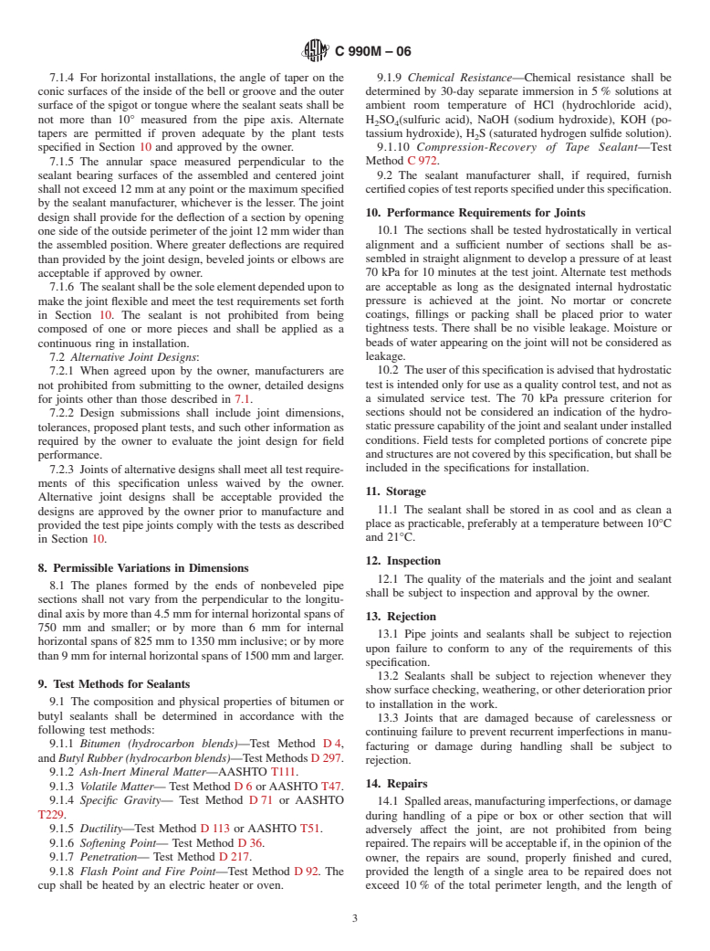 ASTM C990M-06 - Standard Specification for Joints for Concrete Pipe, Manholes, and Precast Box Sections Using Preformed Flexible Joint Sealants (Metric)