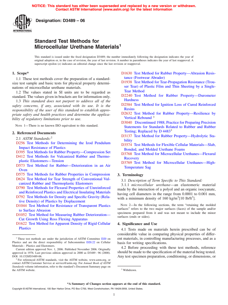 ASTM D3489-06 - Standard Test Methods for Microcellular Urethane Materials