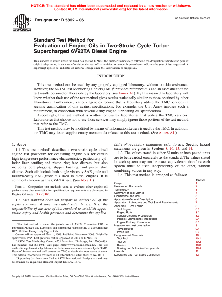 ASTM D5862-06 - Standard Test Method for Evaluation of Engine Oils in Two-Stroke Cycle Turbo-Supercharged 6V92TA Diesel Engine