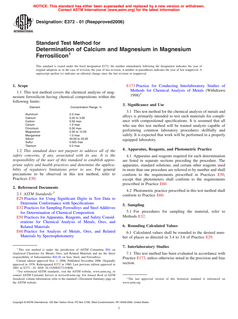 ASTM E372-01(2006) - Standard Test Method for Determination of Calcium and Magnesium in Magnesium Ferrosilicon