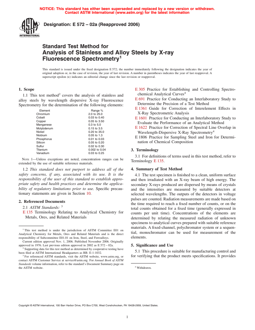 ASTM E572-02a(2006) - Standard Test Method for Analysis of Stainless and Alloy Steels by X-ray Fluorescence Spectrometry