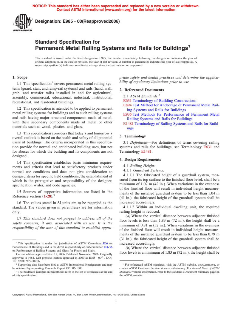 ASTM E985-00(2006) - Standard Specification for Permanent Metal Railing Systems and Rails for Buildings (Withdrawn 2015)