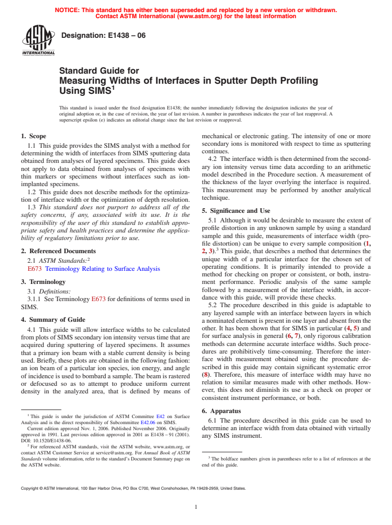 ASTM E1438-06 - Standard Guide for Measuring Widths of Interfaces in Sputter Depth Profiling Using SIMS