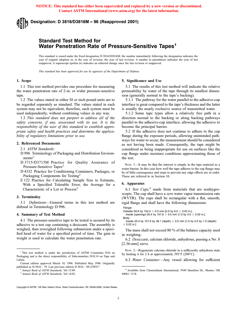 ASTM D3816/D3816M-96(2001) - Standard Test Method for Water Penetration Rate of Pressure-Sensitive Tapes