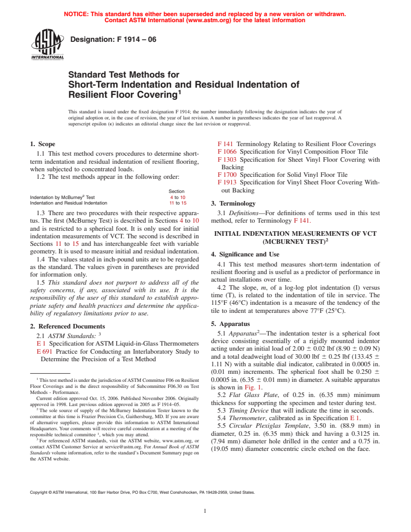 ASTM F1914-06 - Standard Test Methods for Short-Term Indentation and Residual Indentation of Resilient Floor Covering