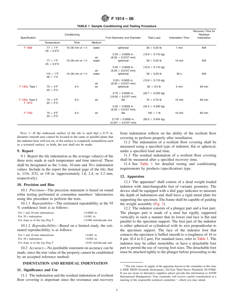 ASTM F1914-06 - Standard Test Methods for Short-Term Indentation and Residual Indentation of Resilient Floor Covering