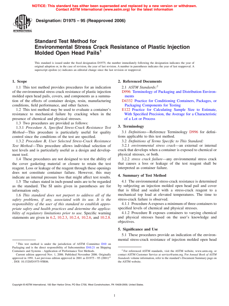 ASTM D1975-95(2006) - Standard Test Method for Environmental Stress Crack Resistance of Plastic Injection Molded Open Head Pails