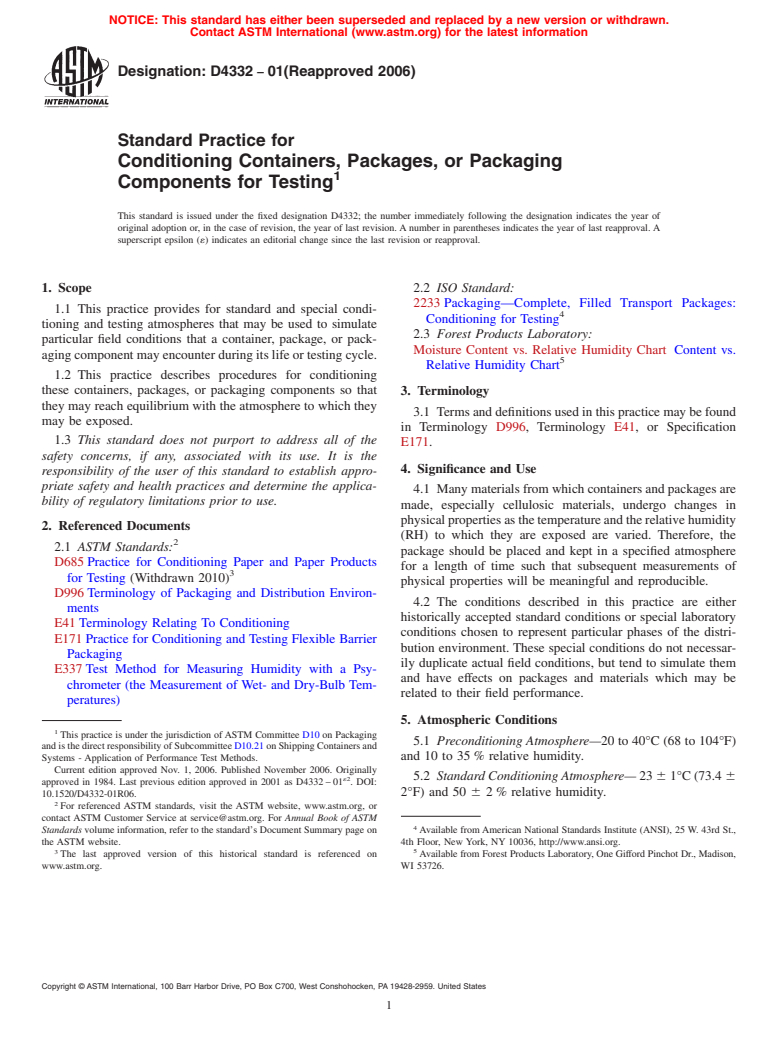 ASTM D4332-01(2006) - Standard Practice for Conditioning Containers, Packages, or Packaging Components for Testing