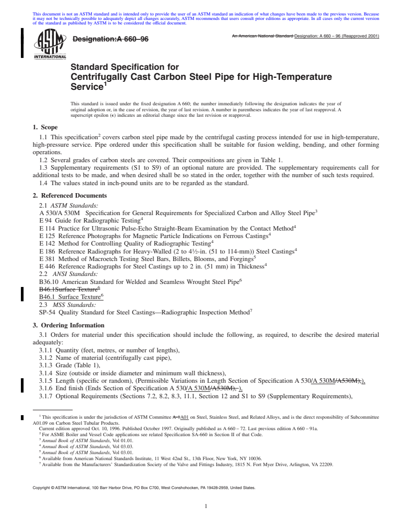 REDLINE ASTM A660-96(2001) - Standard Specification for Centrifugally Cast Carbon Steel Pipe for High-Temperature Service