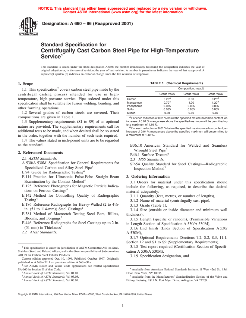 ASTM A660-96(2001) - Standard Specification for Centrifugally Cast Carbon Steel Pipe for High-Temperature Service