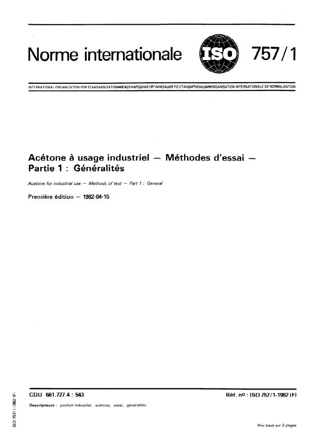 ISO 757-1:1982 - Acétone a usage industriel -- Méthodes d'essai