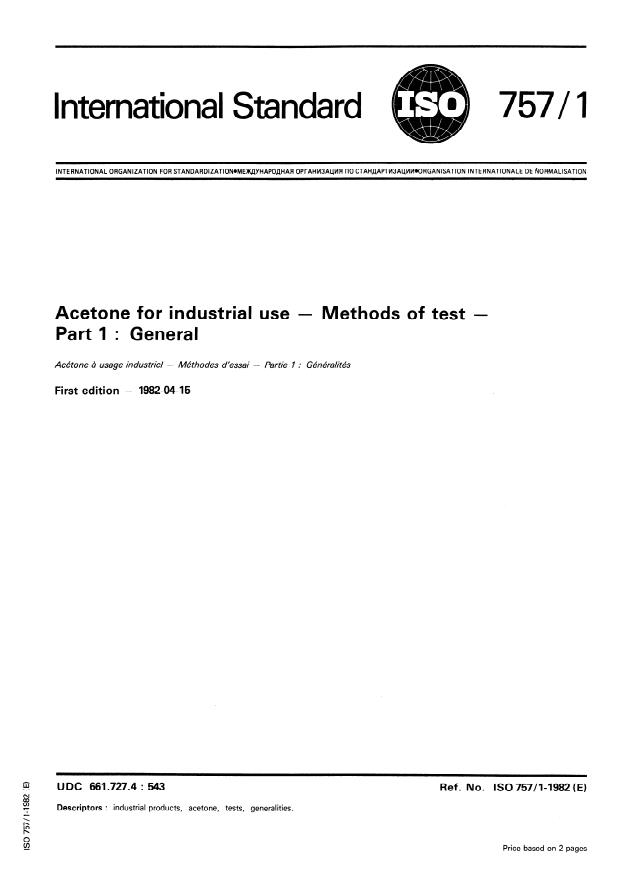 ISO 757-1:1982 - Acetone for industrial use -- Methods of test