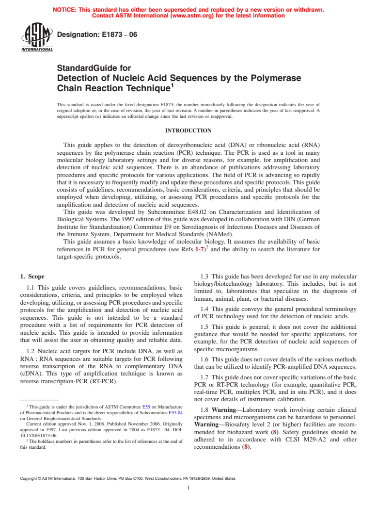 ASTM E1873-06 - Standard Guide for Detection of Nucleic Acid Sequences by the Polymerase Chain Reaction Technique (Withdrawn 2014)