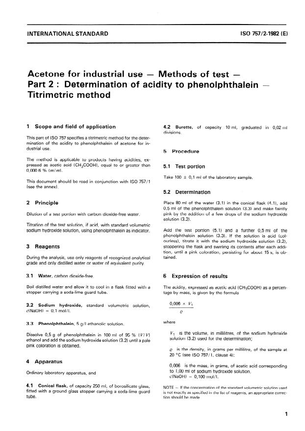 ISO 757-2:1982 - Acetone for industrial use -- Methods of test
