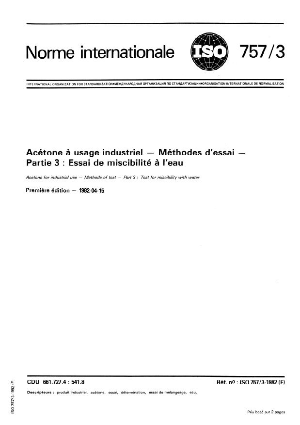 ISO 757-3:1982 - Acétone a usage industriel -- Méthodes d'essai