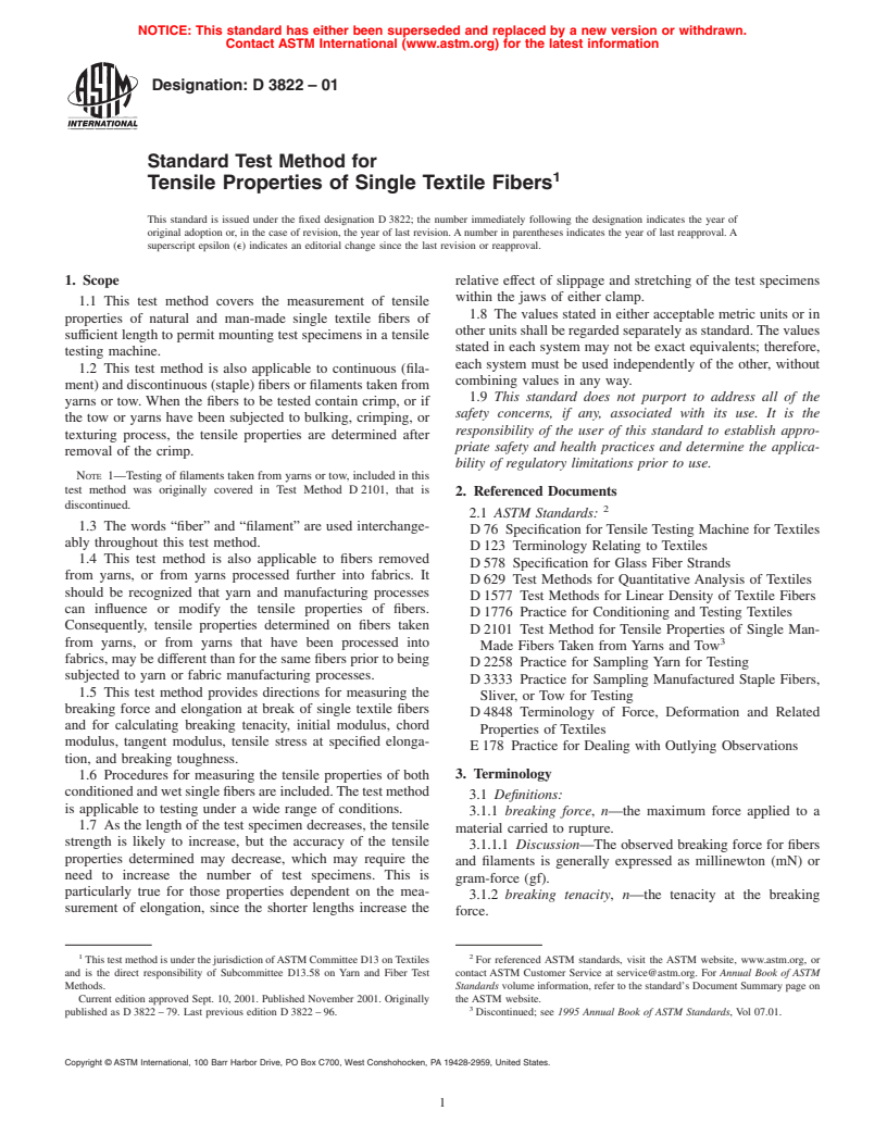 ASTM D3822-01 - Standard Test Method for Tensile Properties of Single Textile Fibers