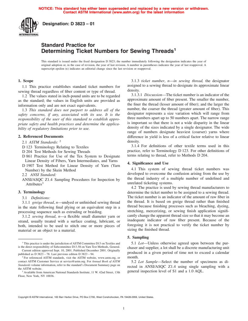 ASTM D3823-01 - Standard Practice for Determining Ticket Numbers for Sewing Threads