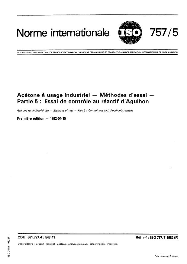 ISO 757-5:1982 - Acétone a usage industriel -- Méthodes d'essai