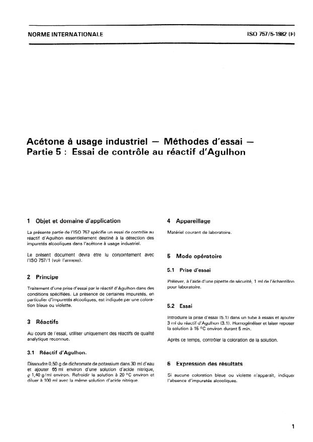 ISO 757-5:1982 - Acétone a usage industriel -- Méthodes d'essai