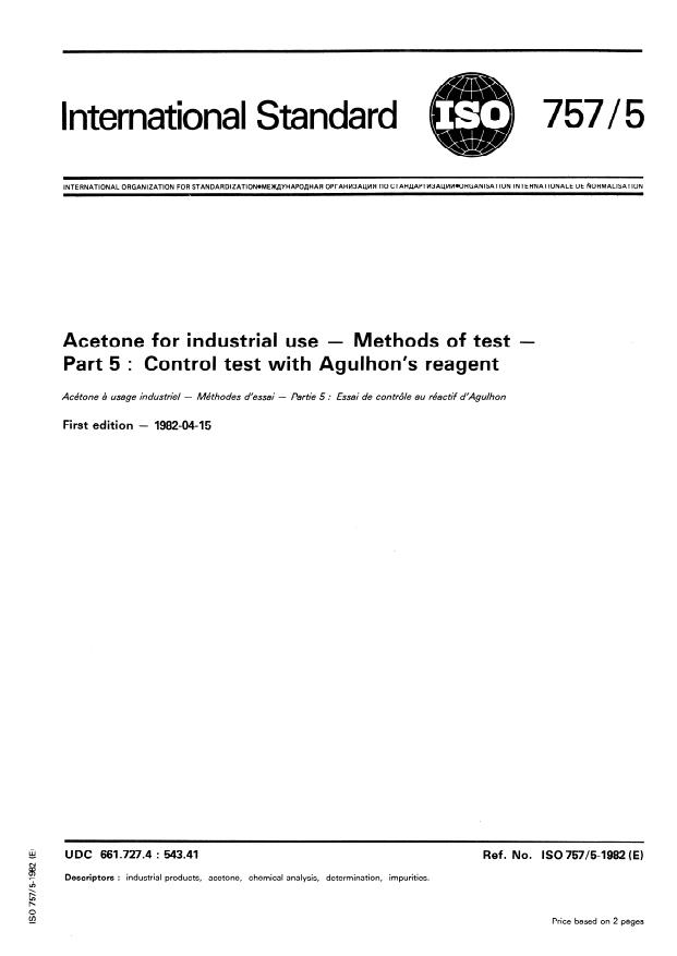 ISO 757-5:1982 - Acetone for industrial use -- Methods of test