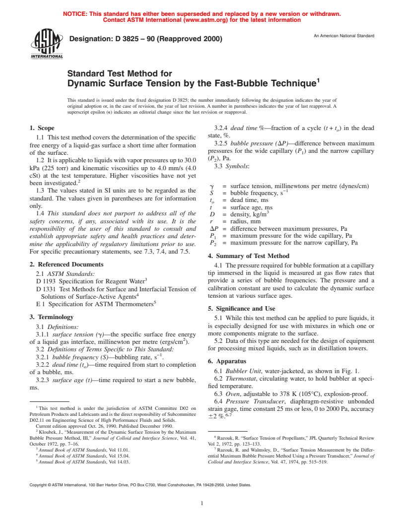 ASTM D3825-90(2000) - Standard Test Method for Dynamic Surface Tension by the Fast-Bubble Technique