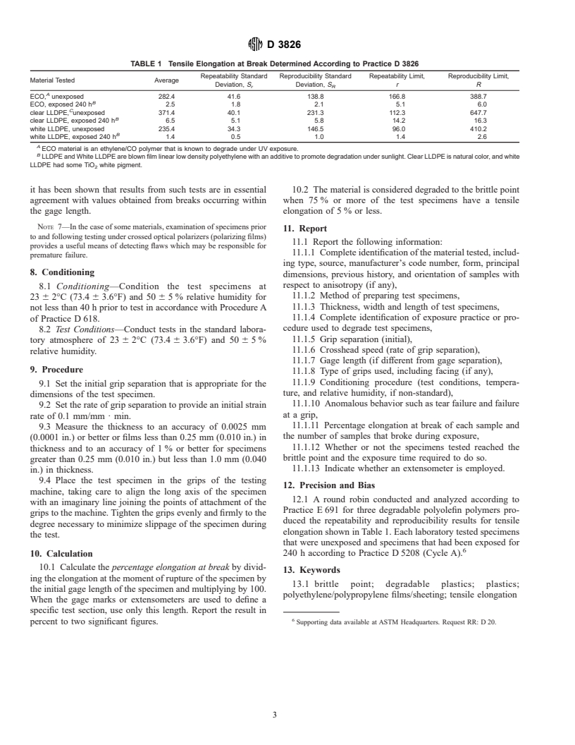 ASTM D3826-98 - Standard Practice for Determining Degradation End Point in Degradable Polyethylene and Polypropylene Using a Tensile Test