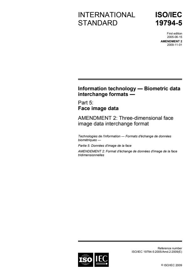 ISO/IEC 19794-5:2005/Amd 2:2009 - Three-dimensional face image data interchange format