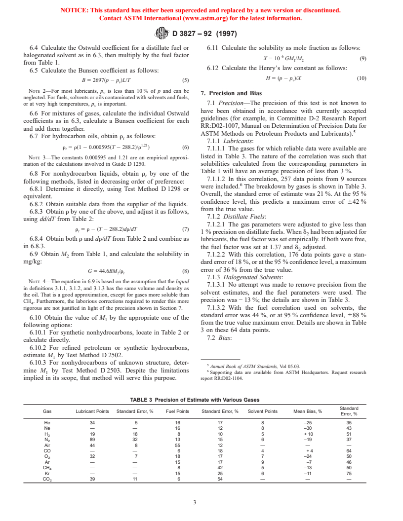 ASTM D3827-92(1997) - Standard Test Method for Estimation of Solubility of Gases in Petroleum and Other Organic Liquids