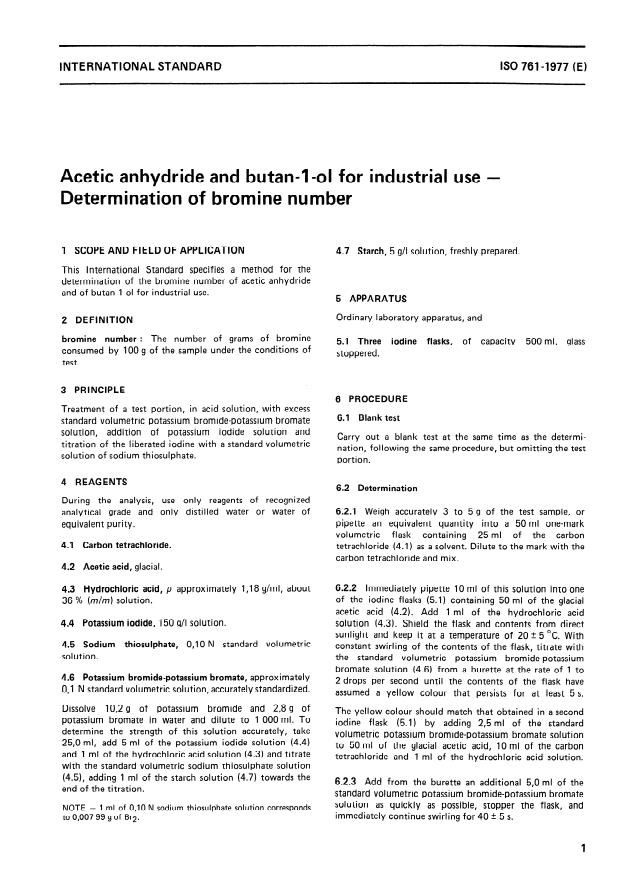 ISO 761:1977 - Acetic anhydride and butan-1-ol for industrial use -- Determination of bromine number