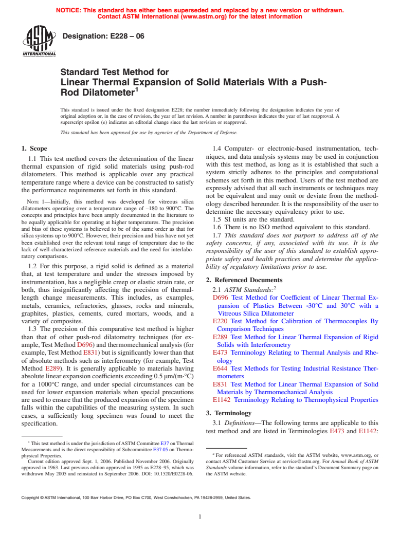 ASTM E228-06 - Standard Test Method for Linear Thermal Expansion of Solid Materials With a Push-Rod Dilatometer