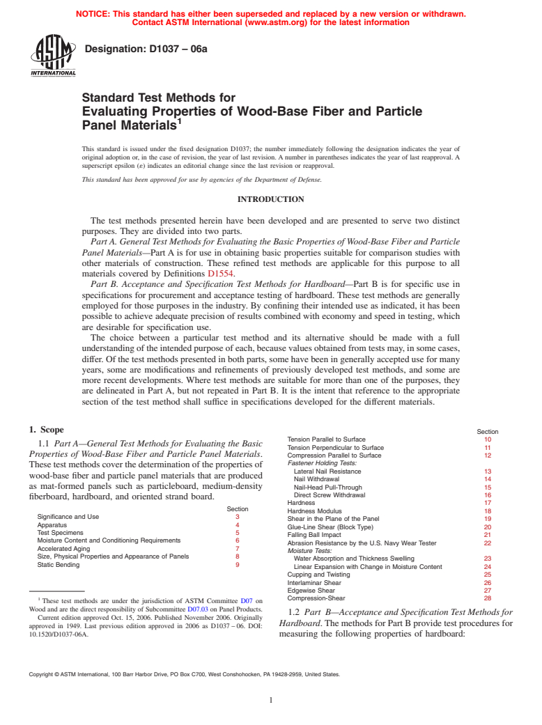 ASTM D1037-06a - Standard Test Methods for Evaluating Properties of Wood-Base Fiber and Particle Panel Materials
