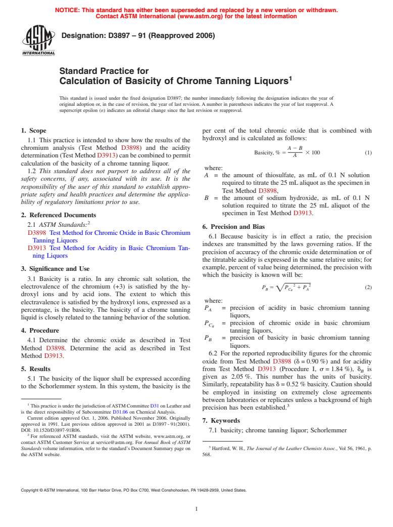 ASTM D3897-91(2006) - Standard Practice for Calculation of Basicity of Chrome Tanning Liquors