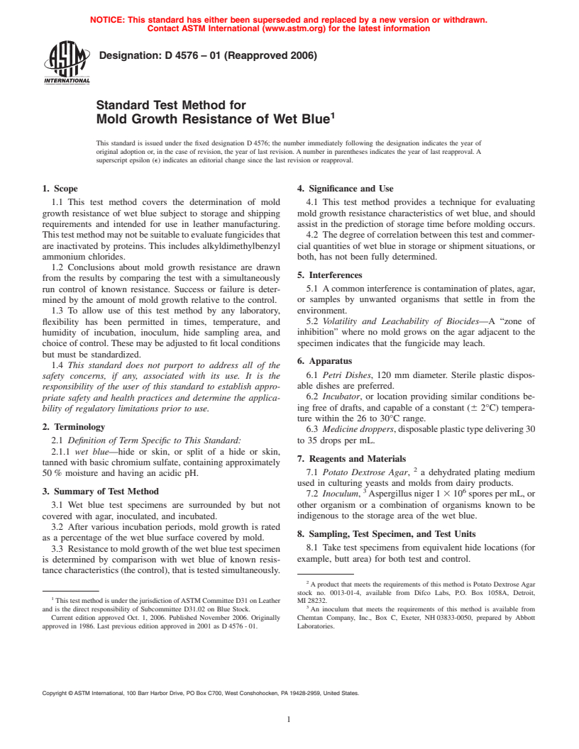 ASTM D4576-01(2006) - Standard Test Method for Mold Growth Resistance of Wet Blue