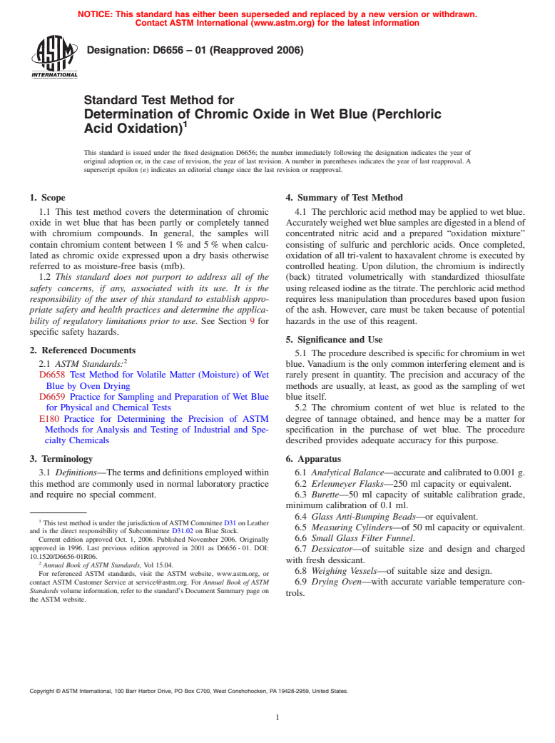 ASTM D6656-01(2006) - Standard Test Method for Determination of Chromic Oxide in Wet Blue (Perchloric Acid Oxidation)