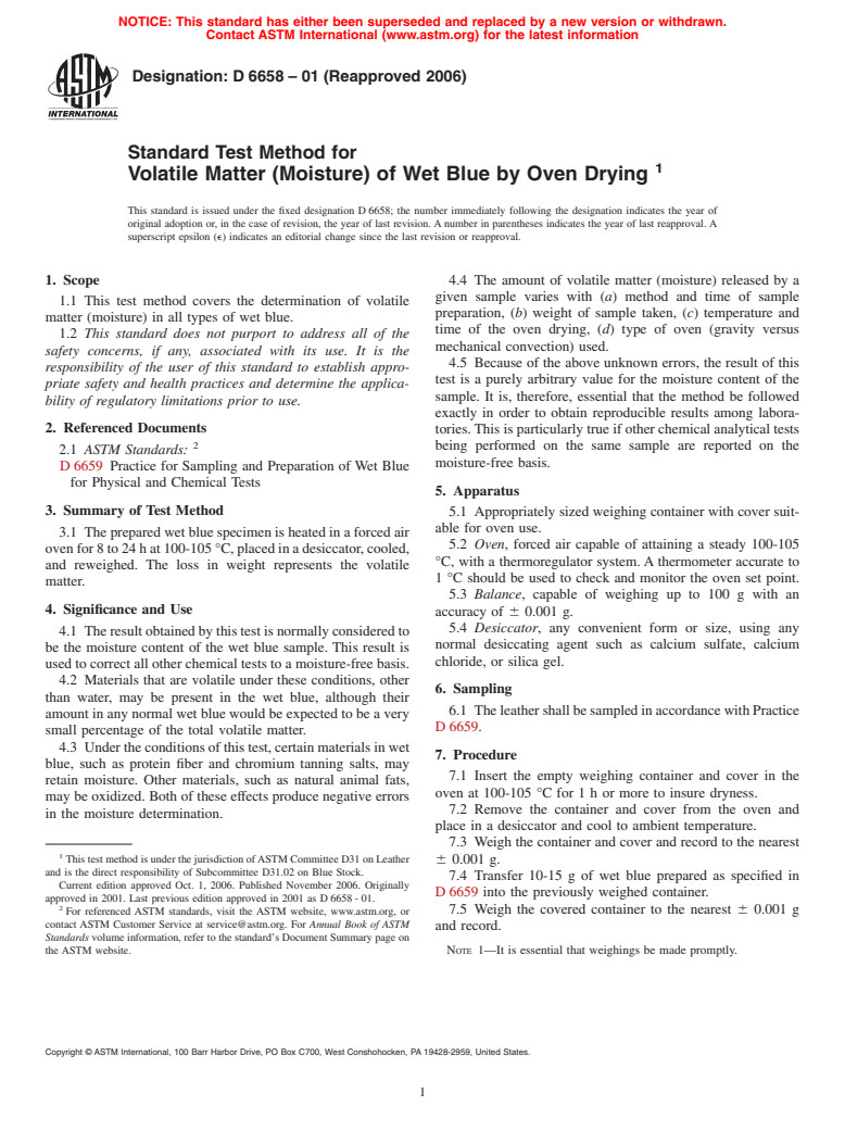 ASTM D6658-01(2006) - Standard Test Method for Volatile Matter (Moisture) of Wet Blue by Oven Drying