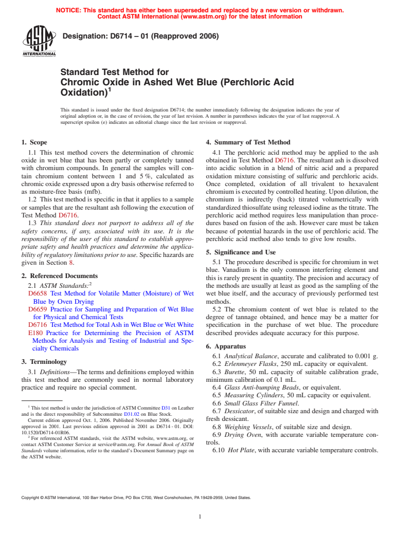 ASTM D6714-01(2006) - Standard Test Method for Chromic Oxide in Ashed Wet Blue (Perchloric Acid Oxidation)