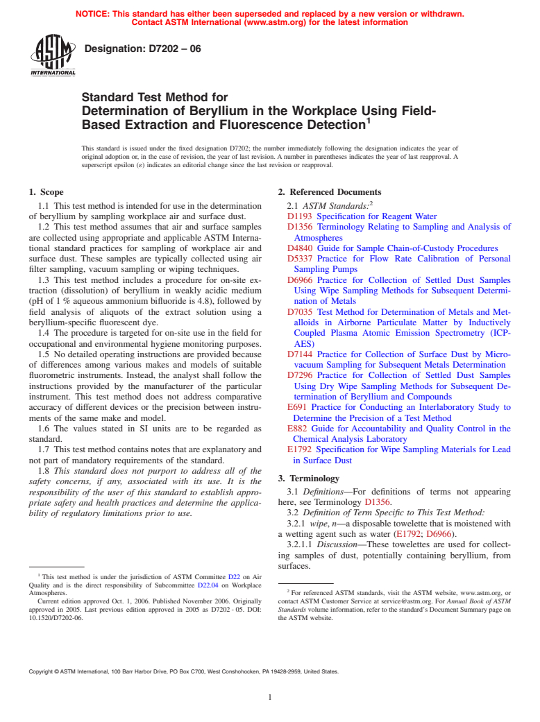 ASTM D7202-06 - Standard Test Method for Determination of Beryllium in the Workplace Using Field-Based Extraction and Fluorescence Detection