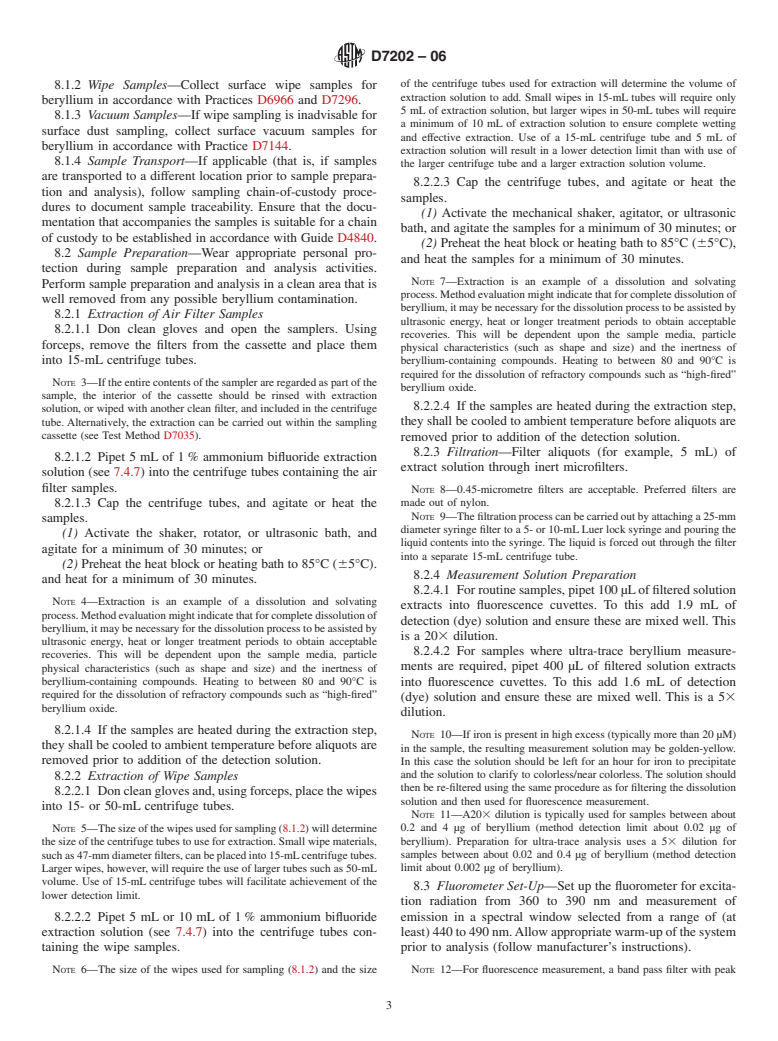 ASTM D7202-06 - Standard Test Method for Determination of Beryllium in the Workplace Using Field-Based Extraction and Fluorescence Detection